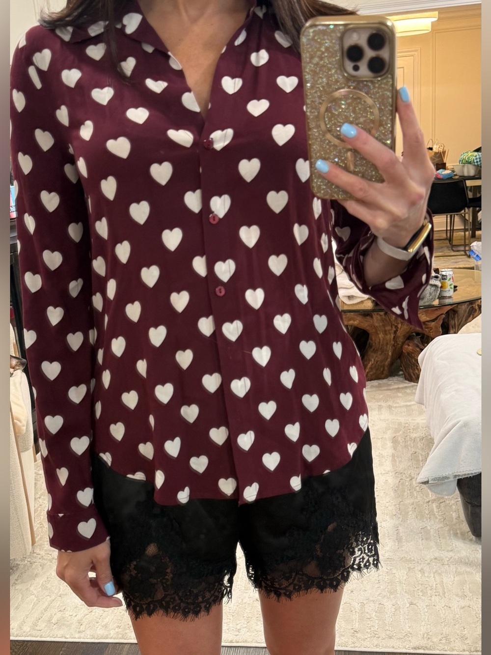 L'AGENCE Burgundy Heart Print Button-Down Shirt